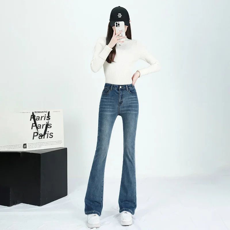 Winter Female Thin Snow Warm Plush Jeans Lady Chic Fleece Flared Pants Girls Korean High Waist Straight Leg Denim Trousers