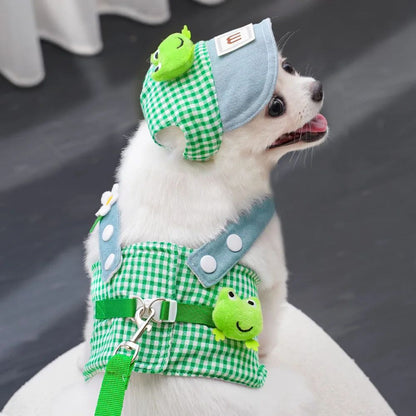 Conjunto de Coleira, Arnês e Chapéu de Sol para Animais de Estimação - Desenho Animado, Gato Fofo, Fantasia de Cachorro, Colete, Corda e Boné para Gatos e Cães Pequenos, 3 Peças, Artigos para Animais de Estimação ao Ar Livre