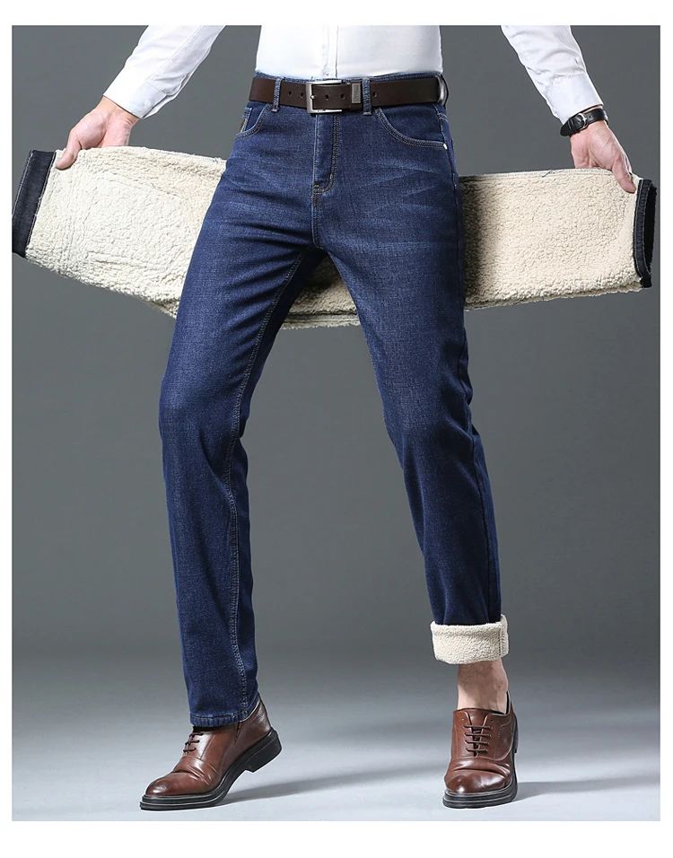 Calça Jeans Masculina de Lã Aveludada, Inverno, Forrada com Lã Grossa, Casual de Negócios, Reta, Jeans, Macia, Confortável, Térmica, Elástica, Calças Masculinas