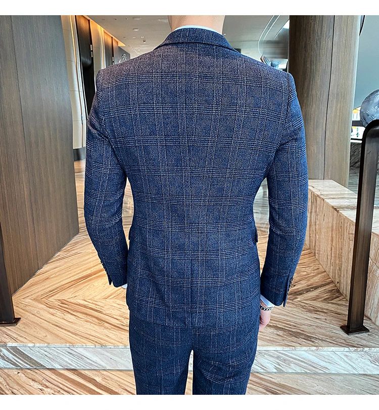 Dark Blue Men's Suit Three Piece, Business Casual Jacket and Vest with Trousers, Gray Dark Brown Slim Fit Sets, Asian Size