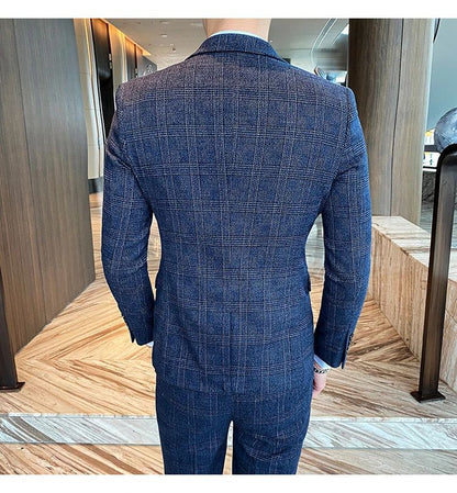 Dark Blue Men's Suit Three Piece, Business Casual Jacket and Vest with Trousers, Gray Dark Brown Slim Fit Sets, Asian Size