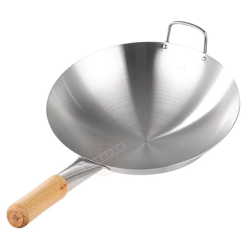 Wok de Aço Inoxidável com Cabo de Faia Anti-Queimadura Fundo Redondo Utensílio de Cozinha para Fogões a Gás 32cm