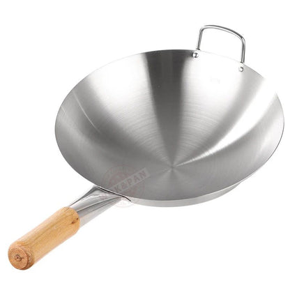 Wok de Aço Inoxidável com Cabo de Faia Anti-Queimadura Fundo Redondo Utensílio de Cozinha para Fogões a Gás 32cm