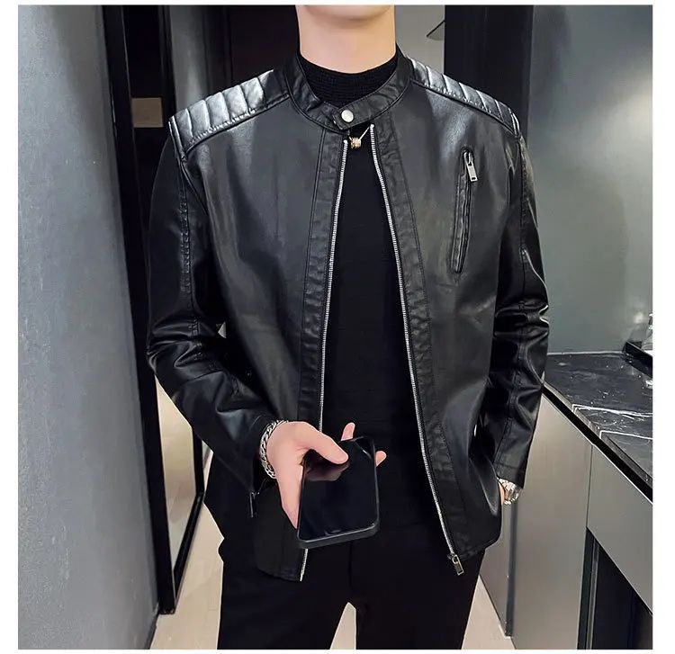 Spring and Autumn Men's Motorcycle Leather Jacket Casual Stand Collar Solid Color White Black Leather Jacket Zip Up PU Coat
