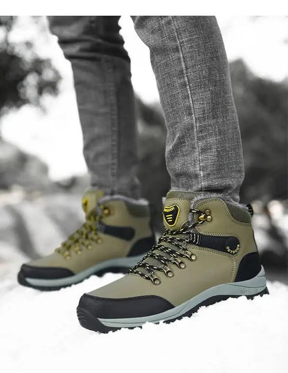 Botas de inverno masculinas com pele quente, antiderrapantes, sapatos casuais de trabalho masculinos, tênis de couro impermeáveis, botas de cano alto, tamanhos grandes
