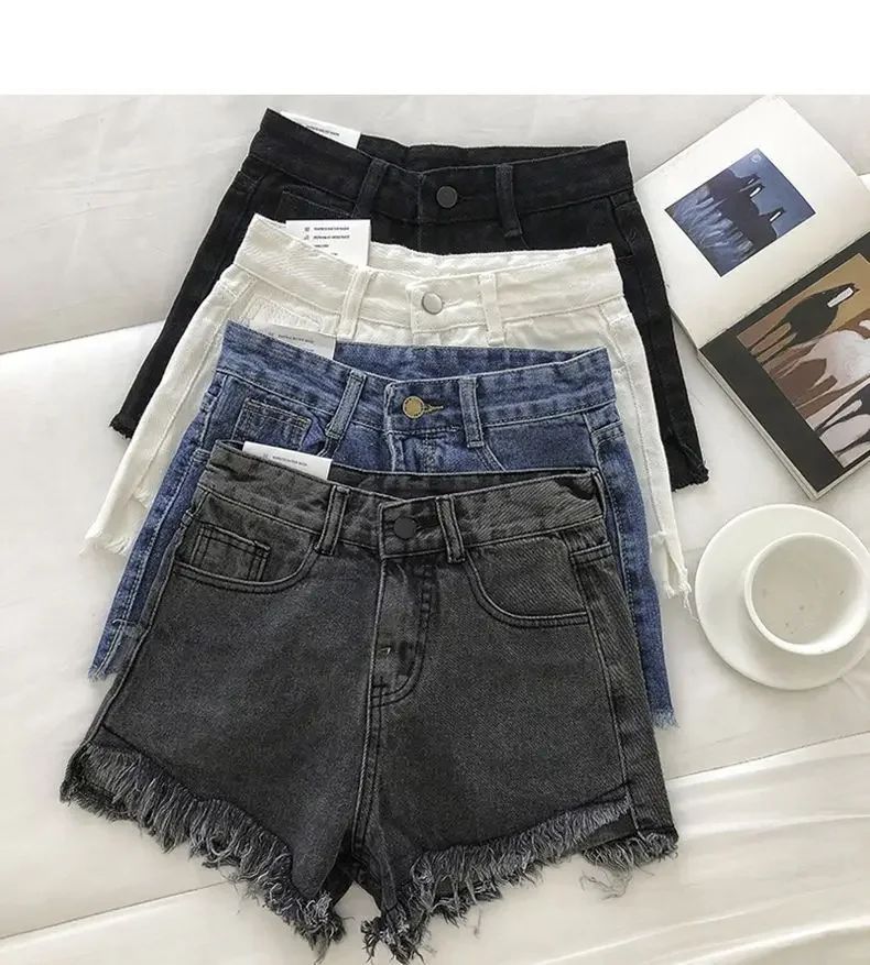 2025 New Summer Women High Wiast Raw Hem Denim Shorts Soild White Black Blue Korean Wide Leg Pants Mon Shorts  Jean Shorts