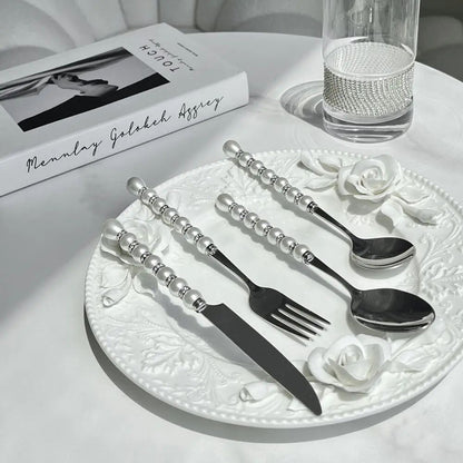 Conjunto de talheres luxuosos de aço inoxidável 304 com colher, garfo e faca, talheres com pérolas e diamantes, caixa de presente, utensílios para casa, cozinha e casamento