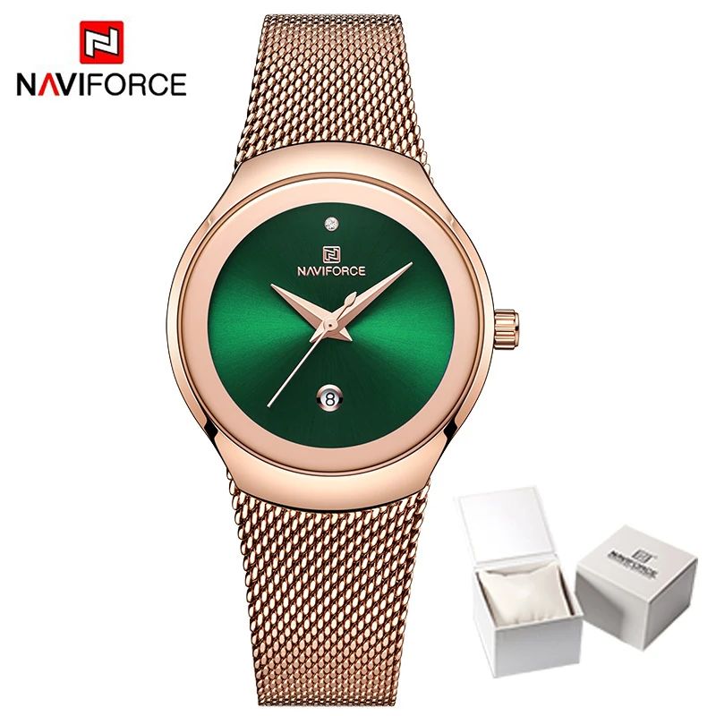 NAVIFORCE Luxury Green Analog Date Quartz Fashion Ladies Watches Mesh Steel Strap Waterproof Business Women Wristwatch Clocks