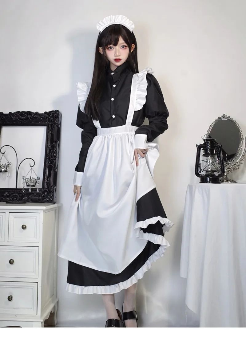 Japanese Style Maid Outfit Black White Long Dress Lolita Unisex Men Women Halloween Costume Uniform Full Set Adults Plus Size