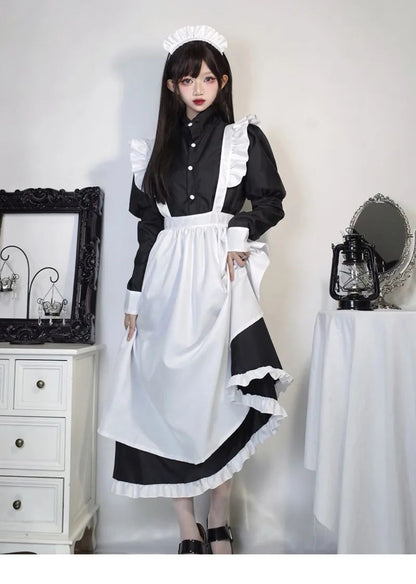 Japanese Style Maid Outfit Black White Long Dress Lolita Unisex Men Women Halloween Costume Uniform Full Set Adults Plus Size