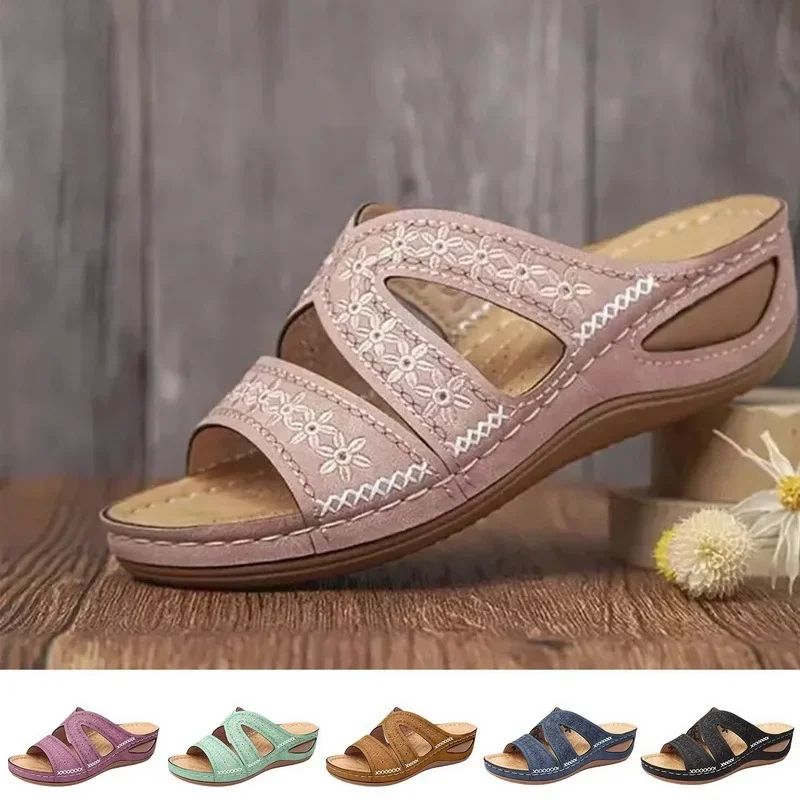 2024 Summer Women Wedge Sandals Premium Orthopedic Open Toe Sandals Vintage Anti-slip Leather Casual Female Platform Retro Shoes