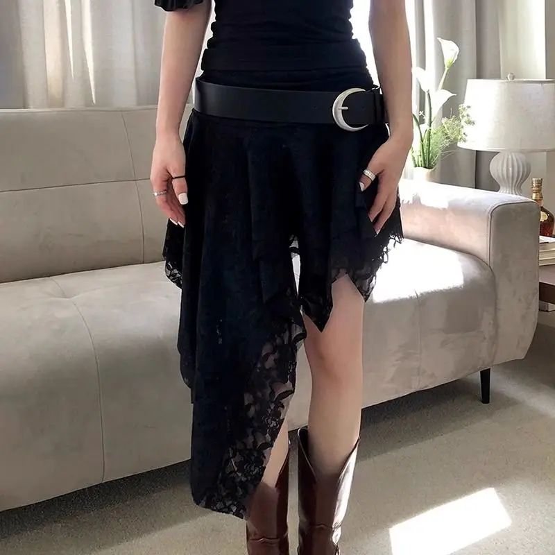 French Style Layered Lace Midi Skirt with Asymmetric Hem White Elegant Semi Formal Women Skirt Unique Design