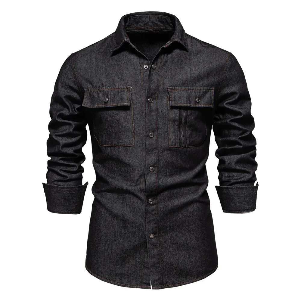 New Autumn 100% Cotton Men's Denim Shirts Solid Color Long Sleeve Cowboy Jean T-Shirt Coat Fashion Casual Fit Shirts for Men