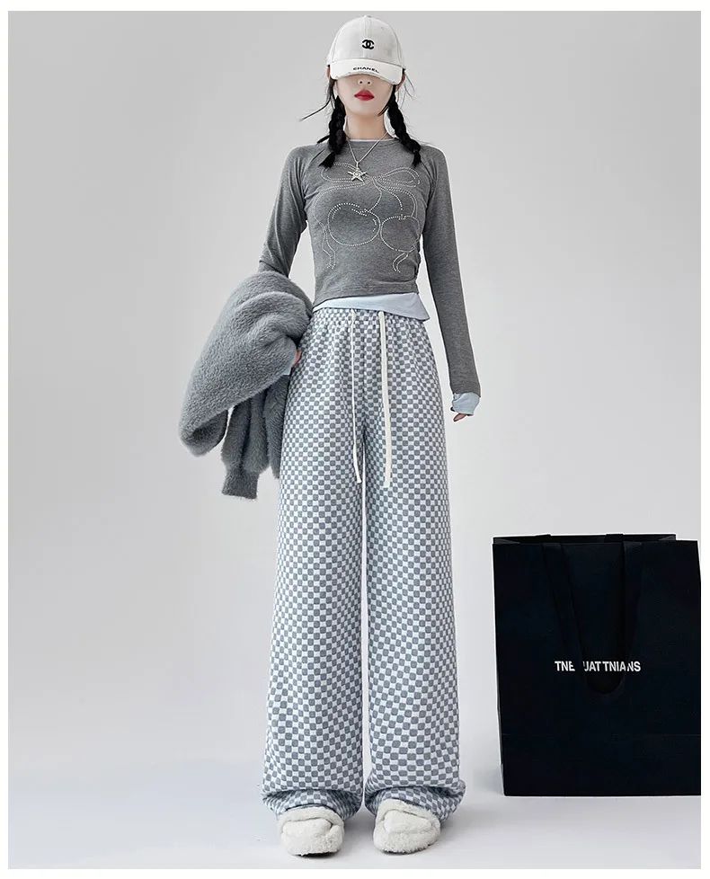 High Waist Wide Leg Pants Women's Autumn Winter New Style Lazy Casual Fleece Woolen Plaid Trousers Fashionable Comfortable
