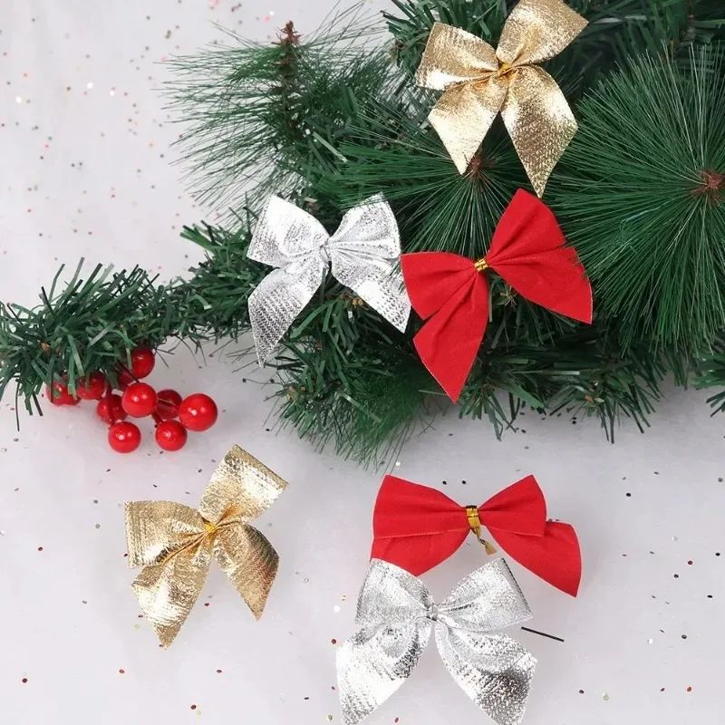 240/12PCS Mini Christmas Bow Ornaments Red Gold Xmas Tree Hanging Pendant DIY Craft New Year Home Party Decoration Bowknot Gifts
