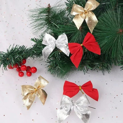 240/12PCS Mini Christmas Bow Ornaments Red Gold Xmas Tree Hanging Pendant DIY Craft New Year Home Party Decoration Bowknot Gifts