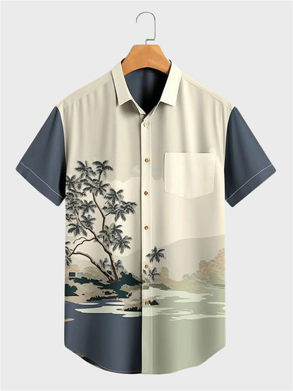 Chinese Ink Style Print Men's Shirt Hawaiian Beach Casual Men's Lapel Top Large Size Comfortable Men's Short-sleeved Shirt