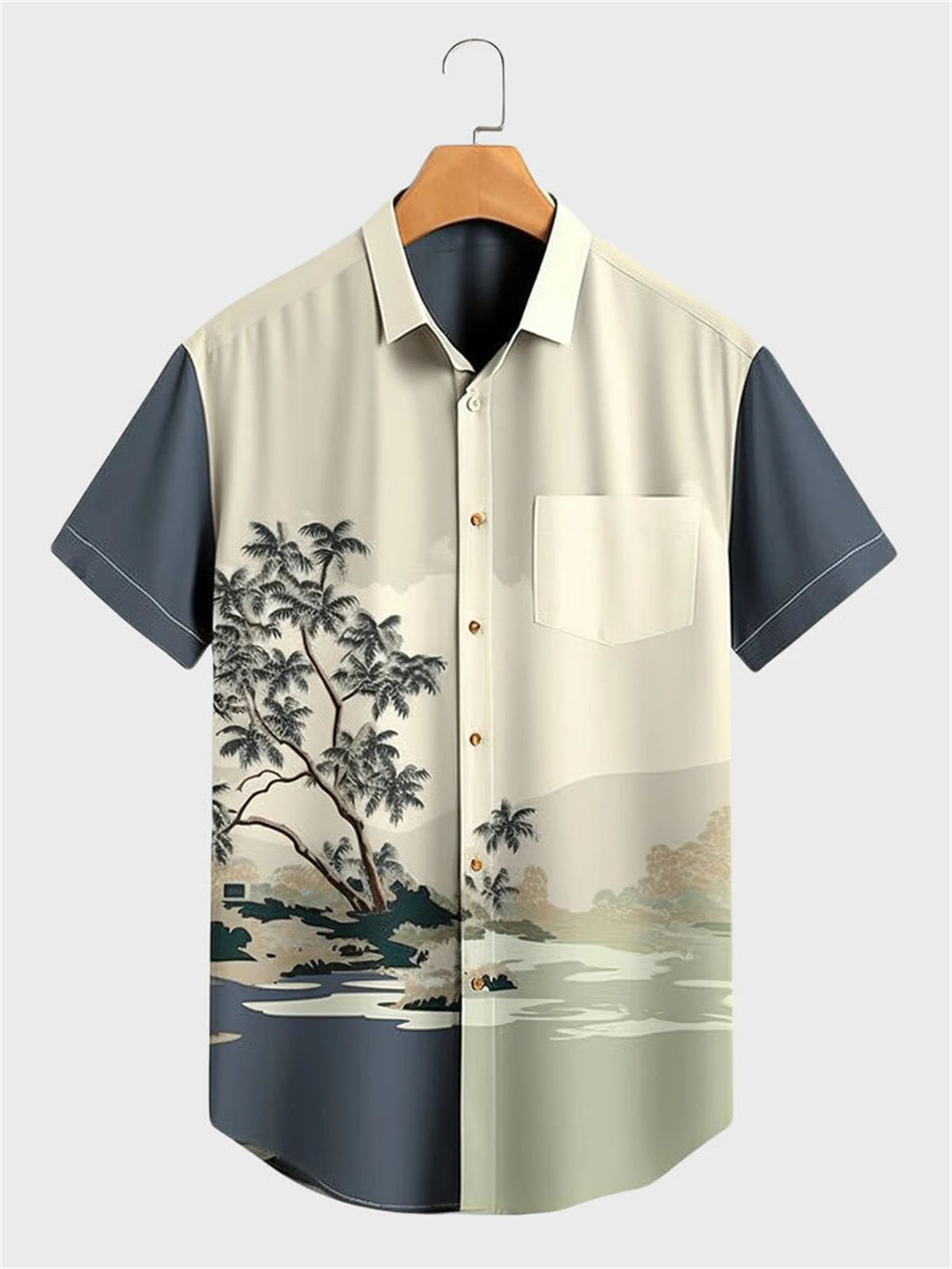 Chinese Ink Style Print Men's Shirt Hawaiian Beach Casual Men's Lapel Top Large Size Comfortable Men's Short-sleeved Shirt