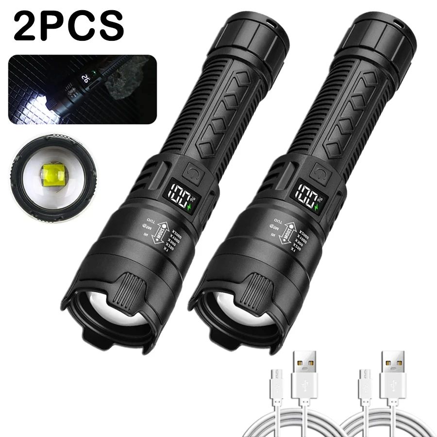High Strong Power Led Flashlights 2000LM Tactical Torch with Display Light USB Charging Camping Fishing Emergency Zoom Lantern