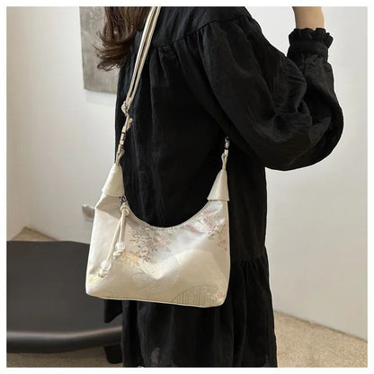 Sweet Embroidery Shoulder Bag Nylon Texture Pearl Pendant Crossbody Bag Small Bucket Handbag Women Canvas Luxury Cheongsam Bag