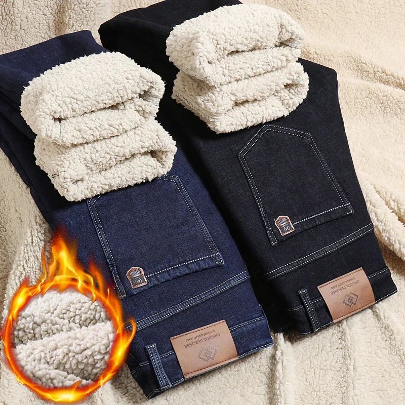 Calça Jeans Masculina de Inverno Forrada de Lã Grossa Sherpa Casual de Negócios Veludo Reta Masculina de Lã Pelúcia Clássica Elástica