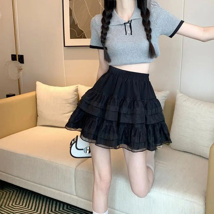 Plus Size New Style Pure Desire Aesthetic Mini Dress Net Yarn Fairy Puff Skirt High-Waisted Slimming Lace Cake A- Line Skirt ...