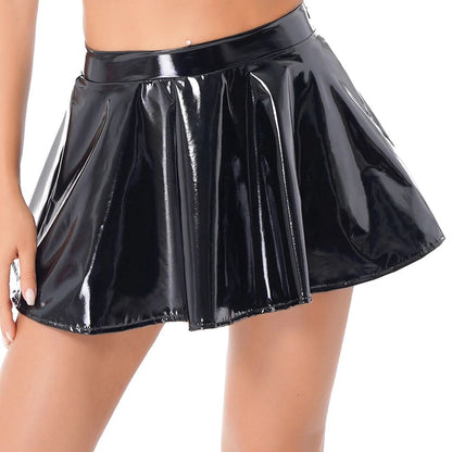Women Glossy Patent Leather Flared Miniskirt Dance A Line Skirt Clubwear Cosplay Costume Retro Style Elastic Waistband