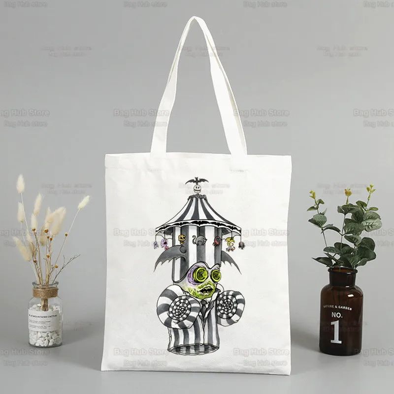 Beetlejuice Horror Gift Shopping Bag Print Original Design White Unisex Fashion Travel Canvas Bags