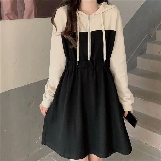 Plus Size Casual Color Blocking Hooded Slimming Dress Early Autumn New Style Drawstring Slim Fit Cropped Versatile Dress For Plu