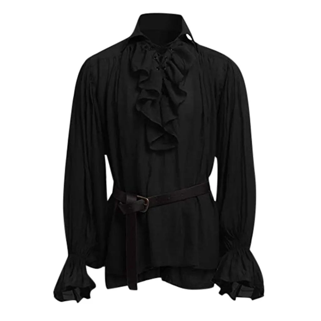 Medieval Men's Retro Performance Shirt with Belt And Puffy Sleeves Cross-Border New Style Male Fashion Historical Costume