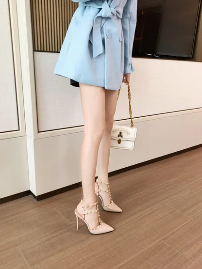 Riveted Nude High Heel Sandals for Women in Summer 2024, New Slim Heeled Pointed Fashion Sexy Back Empty Women's Sandals