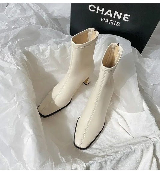 Autumn and Winter New Brown Short Boots with Velvet Coarse Heel French Ankle Boots and Back Zipper Square Head Boots