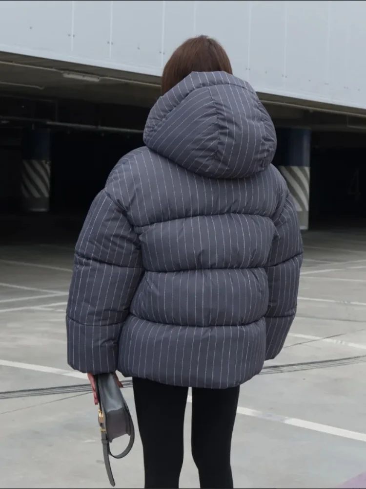 Women's Pinstripe Oversized Puffer Jacket Full Sleeve Detachable Hood Zipper Warm Coat 2025 Autumn Winter Female Casual Wear