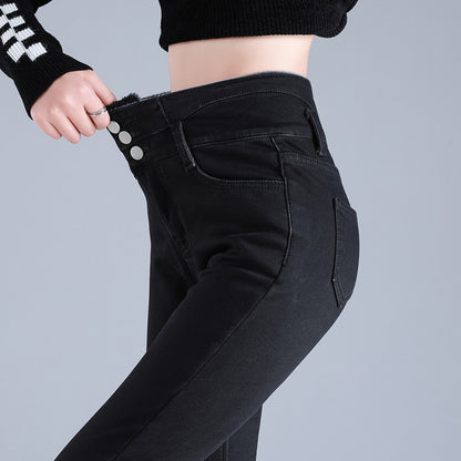 Women Thermal High Waist Jeans Winter Snow Warm Plush Stretch Jeans Lady Skinny Thicken Students Denim Pants Fleece Fur Trousers