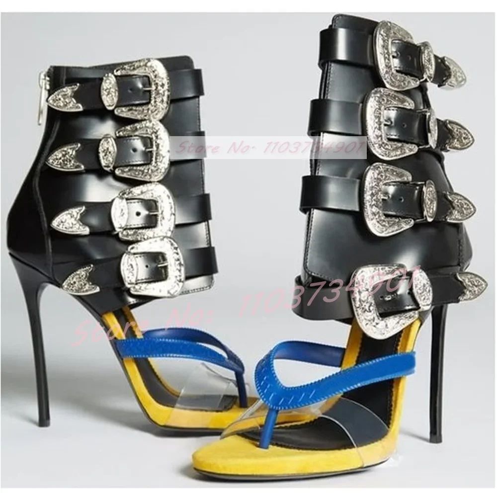 Light Luxury Metal Buckle Mid Calf Sandals Flip Flop Open Toe High Heels Stiletto Zipper Women Shoes2024 New Zapatos Para Mujere