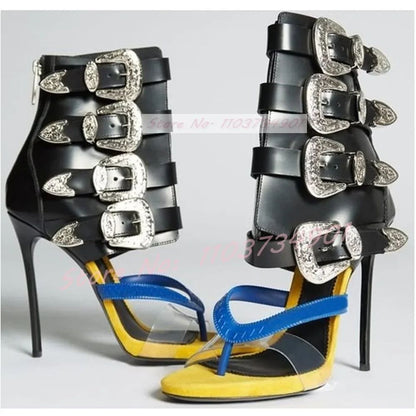 Light Luxury Metal Buckle Mid Calf Sandals Flip Flop Open Toe High Heels Stiletto Zipper Women Shoes2024 New Zapatos Para Mujere