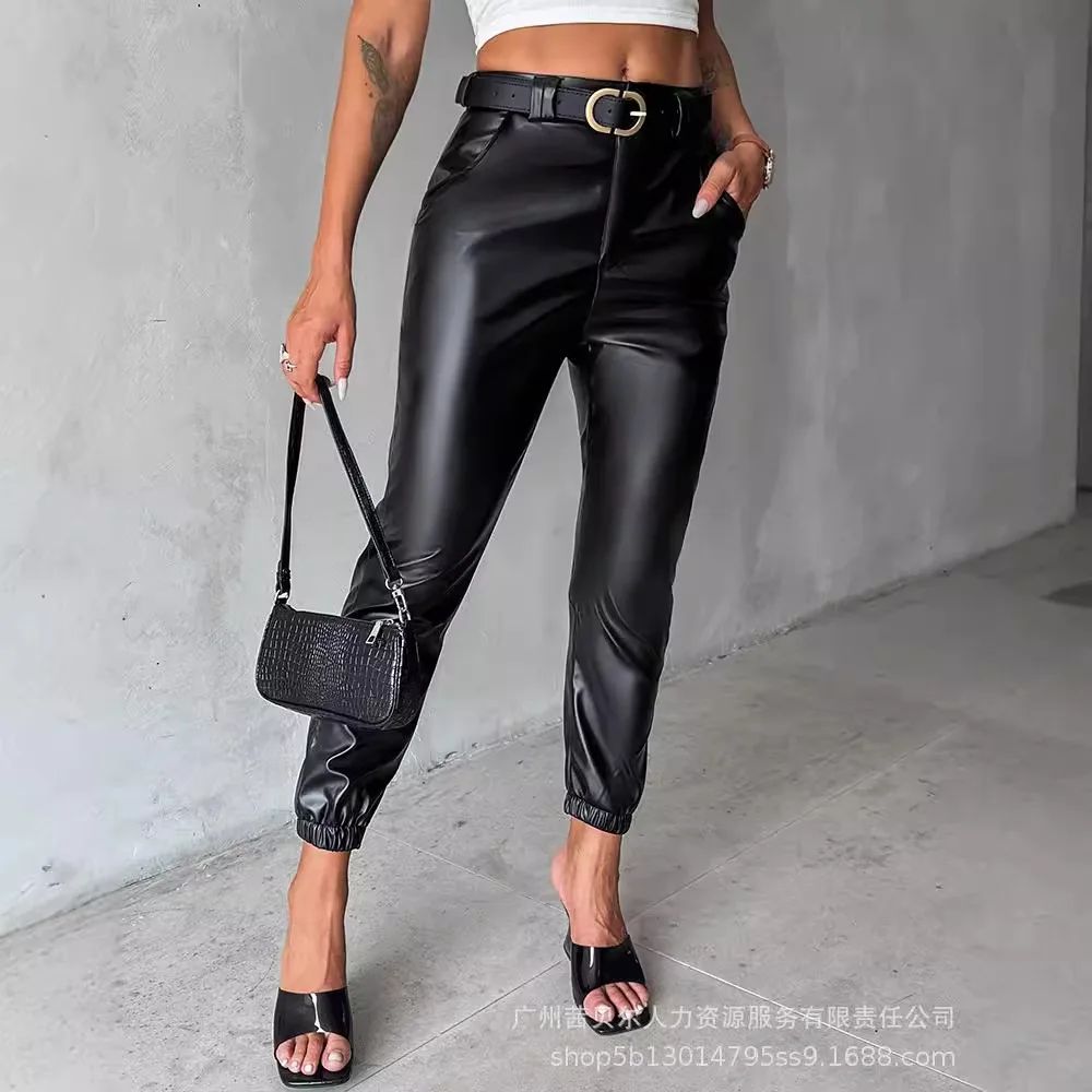 Mid Waist Pencil Leather Trousers Streetwear Black Ankle-Tied Pu Pants Women Summer Black Casual Pockets PU Pants