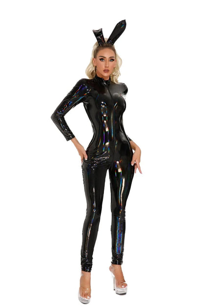 Unisex Laser Natte Look Pvc Catsuit Glanzend Pu Lederen Rits Open Kruis Bodysuit Panty Cosplay Leotard Sexy Jumpsuit