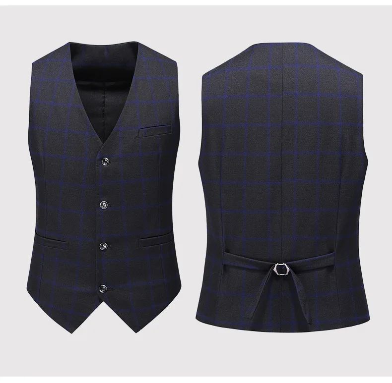 Suit (blazer+vest+pants) Man Fashion Business British Grid Trend Style Casual Hosting Slim Wedding Work Conjunto Hombre