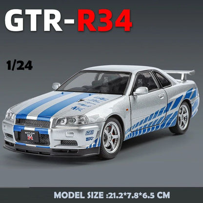 1/24 Nissan Skyline GTR-R34 Velozes e Furiosos Modelo de Carro em Liga Leve com Luz e Som Miniatura Colecionável Veículo de Brinquedo para Meninos