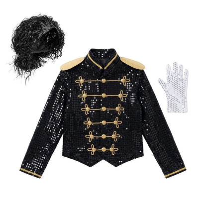 Kids Black Sequin Michael Jackson Jacket Gloves Set Boys MJ Cosplay Costume Halloween Tap Dance Stage Performance Outfit