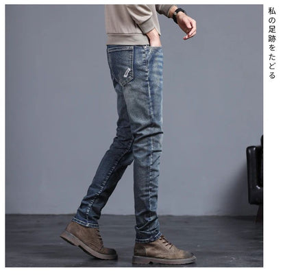 Novas Calças Jeans Masculinas Vintage Coreanas da Moda Slim com Pés Pequenos Bordados Calças Elásticas Masculinas de Sarja Streetwear