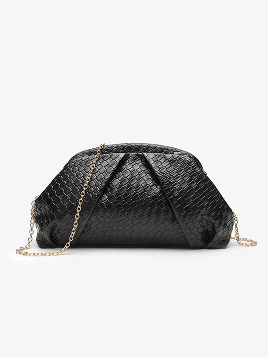 Elegant Weave Textured Ladies Clutch Bag - Adjustable Strap and Clasp Closure, Premium Pure Black Dinner Bag for Weddings