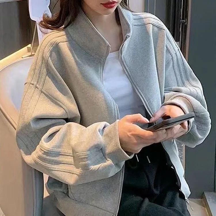 Short Sweatshirt Jacket Women's Autumn Winter Student Versatile Three Stripe Jacket Loose Fit Casual Style New Hot Sale Of The S