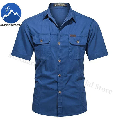 New Mens Work Shirt Casual Retro 100% Cotton Short Sleeve Flying Cargo Shirt Man Summer Fishing Hunting Multi Pocket Shirt 2025