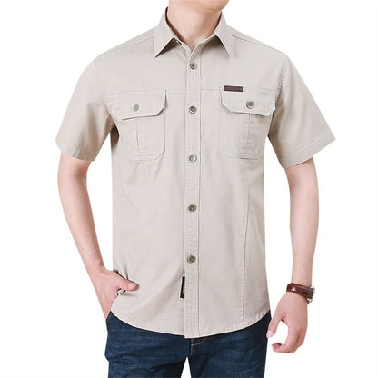 Summer Quick Dry Short Sleeve Mens Army Fan Tactical Shirts Male Solid Thin Lapel Cargo Shirt Tops Outdoor Hiking Military Shirt