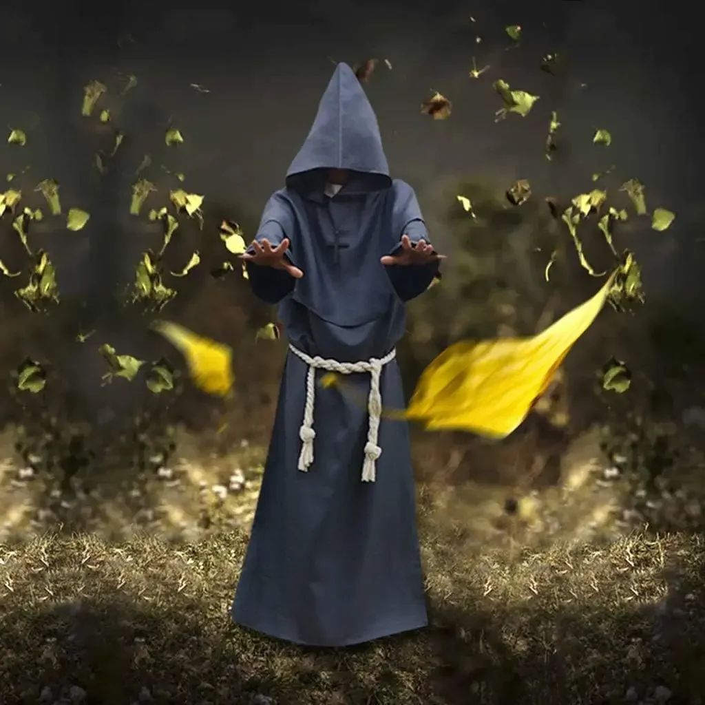 Retro Priest Robe Halloween Cosplay Costume Wizard Fancy Punk Cloak Mask Medieval Monk Robe Hooded Monk Cowl