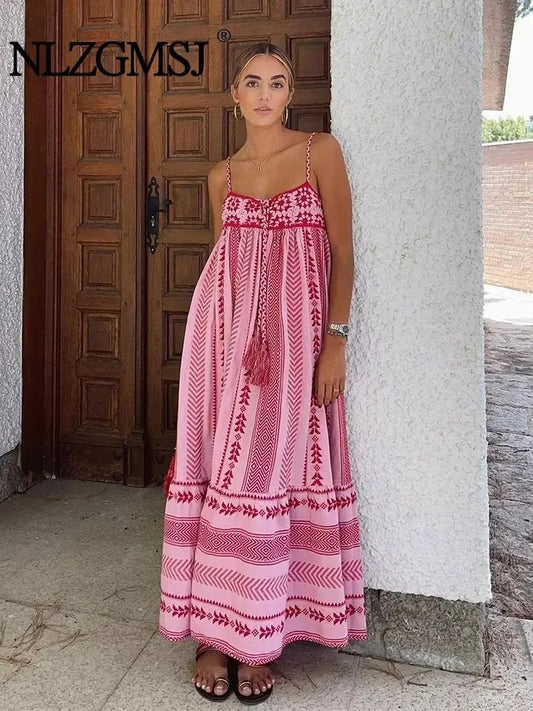 TRAFSHE Women Bohemian Midi Dress Vacation Charm Splice Knitted Vintage Strap Dr