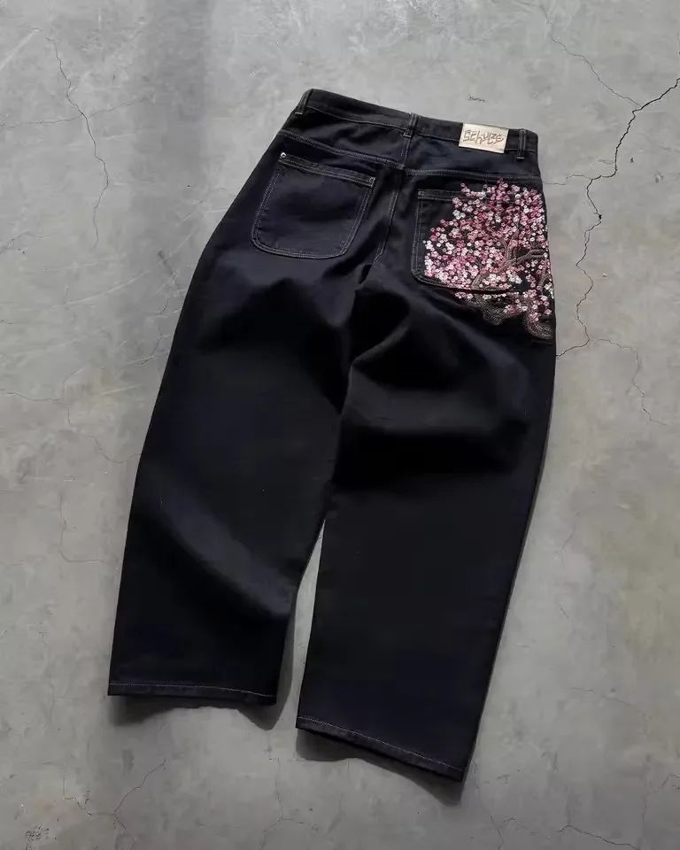 Calça jeans Hip-hop com moedas douradas Y2K retro cintura baixa perna larga com zíper calças jeans soltas bordadas moda masculina Y2K
