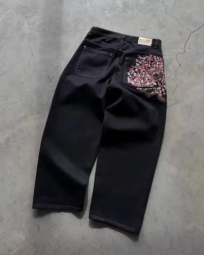 Calça jeans Hip-hop com moedas douradas Y2K retro cintura baixa perna larga com zíper calças jeans soltas bordadas moda masculina Y2K